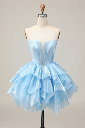 Blue A-Line Strapless Tiered Ruffle Homecoming Dress